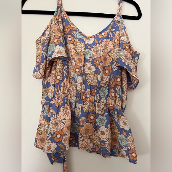 Women’s Sienna Sky cold shoulder Blouse Blue and Orange Floral with tie front - Picture 2 of 5